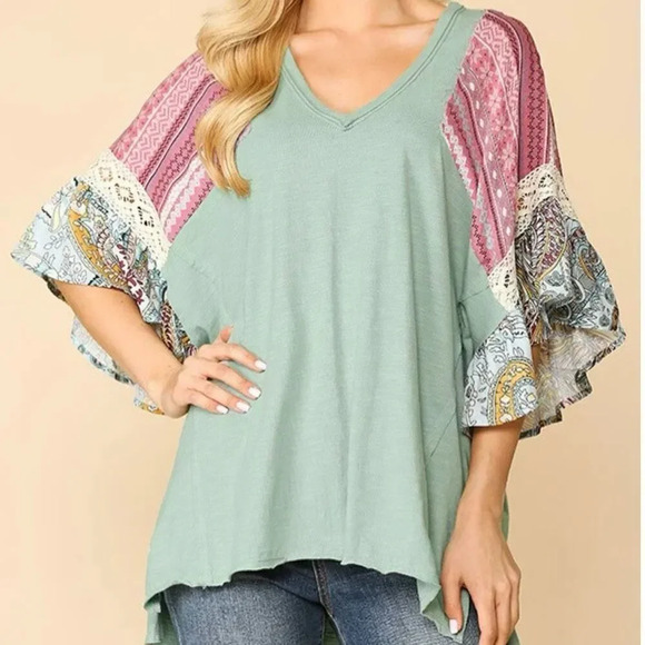 GOGIO + PLUS | NWT Boutique Blouse Crochet Boho Detail Ruffle Dolman | Size XL - Picture 1 of 10